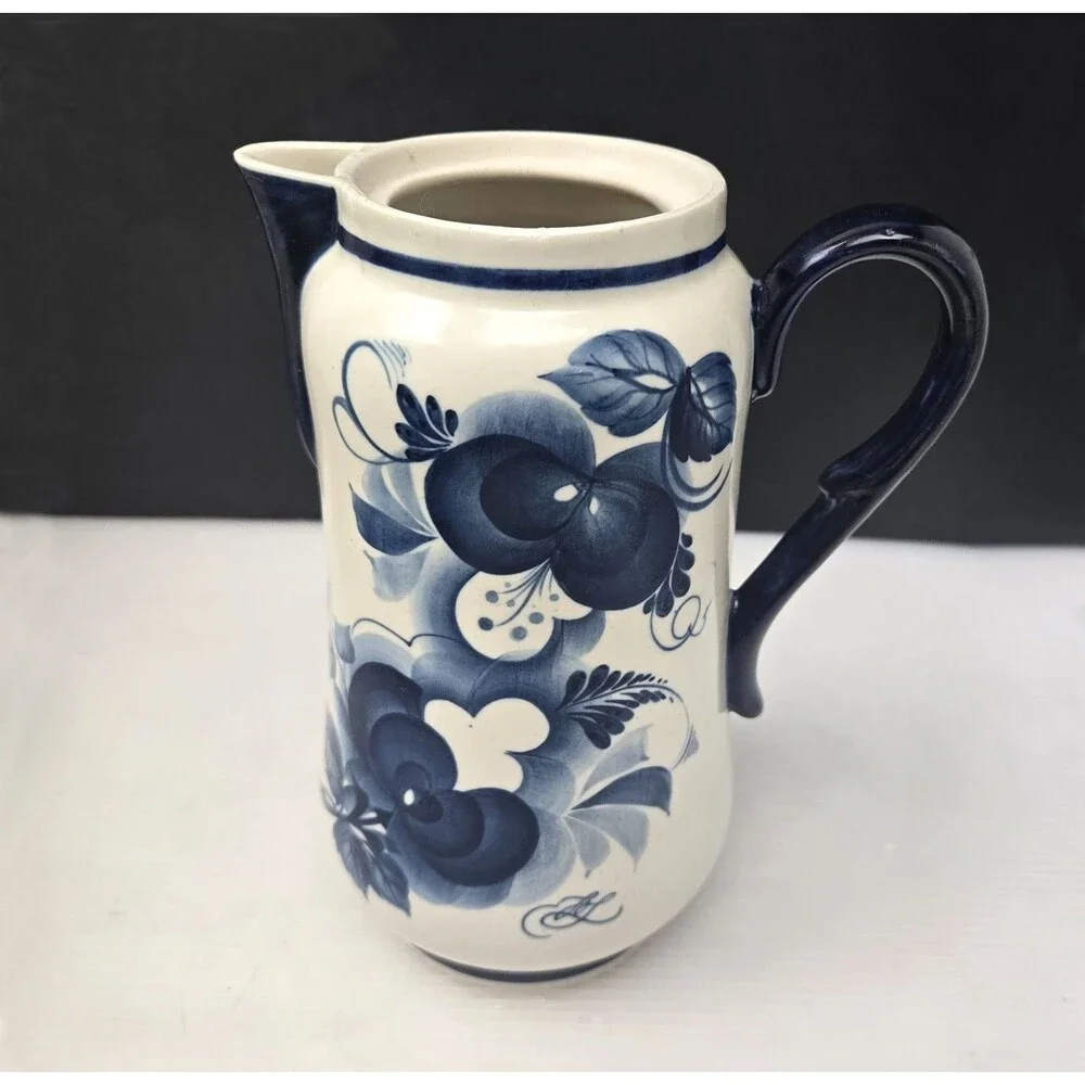 Vintage Gzhel-Stye Russian Water Pitcher Vase Ewer Cobalt Blue Floral Signed 8